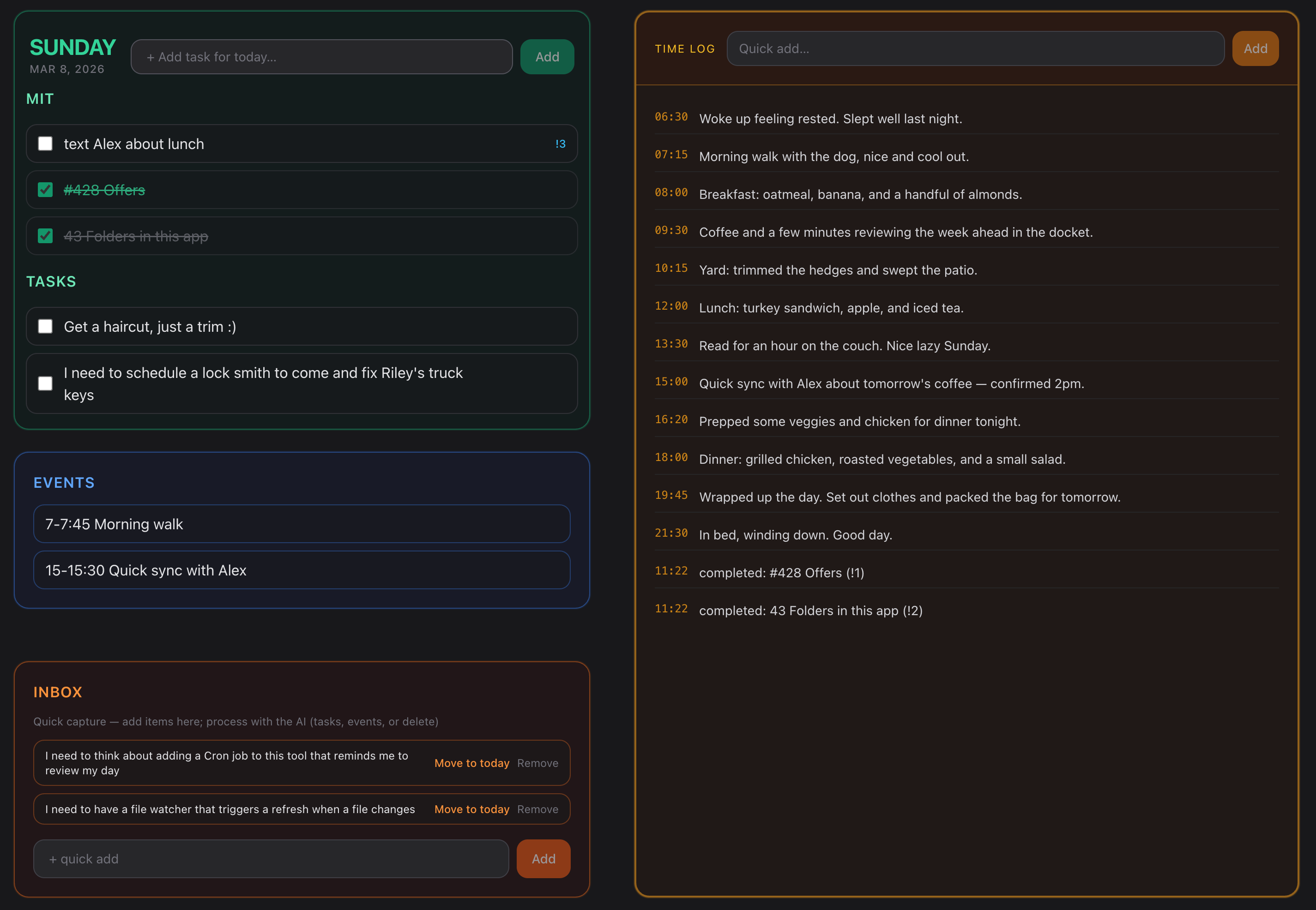 TheDocket app: Today view with tasks, events, inbox, and time log